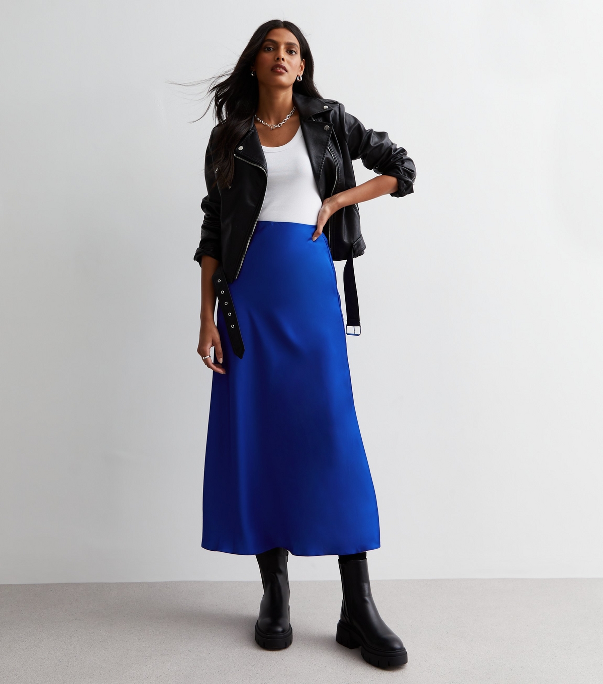 Women's Bright Blue Satin Bias Cut Midi Skirt New Look