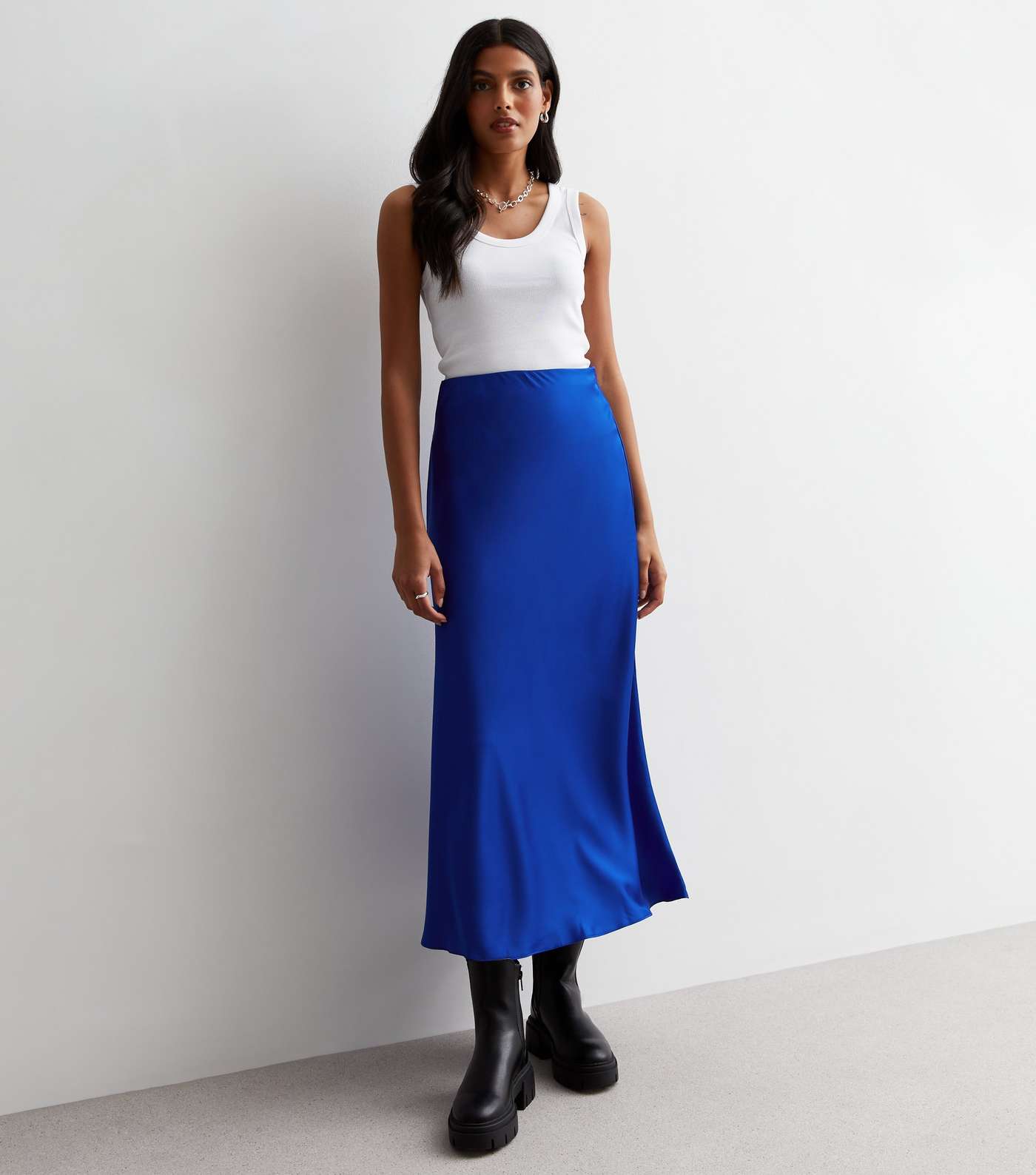 Bright Blue Satin Bias Cut Midi Skirt Image 3