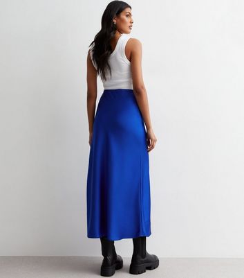 Bright Blue Satin Bias Cut Midi Skirt New Look