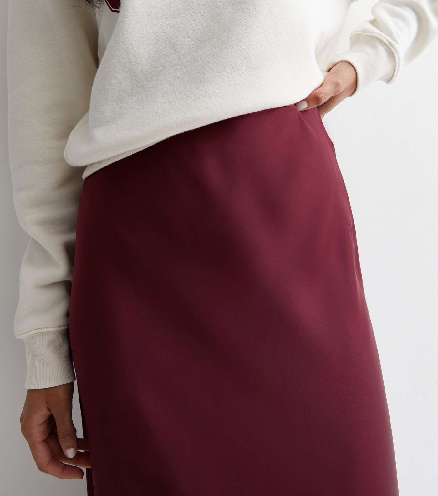 Burgundy Satin Bias Cut Midi Skirt Image 2