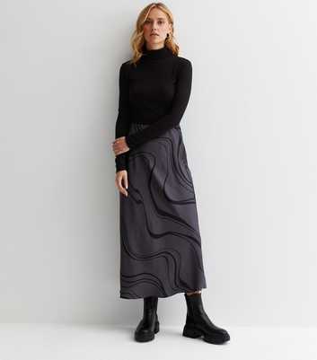 Light Grey Wave Print Satin Bias Cut Midaxi Skirt