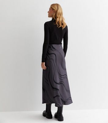 Light Grey Wave Print Satin Bias Cut Midaxi Skirt New Look