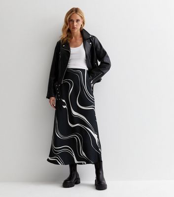 Black Wave Print Satin Bias Cut Midaxi Skirt | New Look