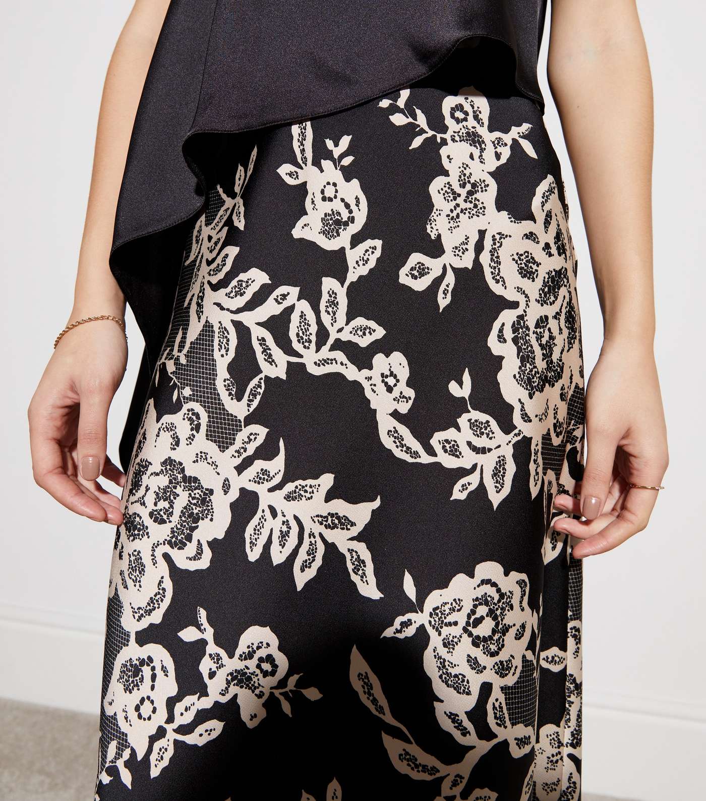 Black Floral Lace Print Satin Bias Cut Midaxi Skirt Image 2