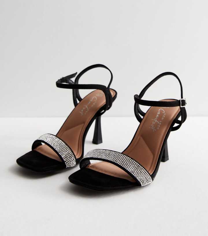 Plus Size Black Diamante Strap Sandals In Extra Wide Fit