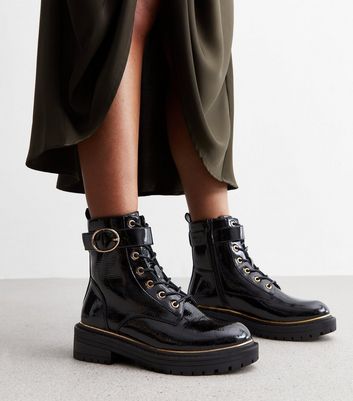 Wide Fit Black Patent Biker Boots New Look