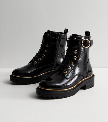 Womens black patent sales boots