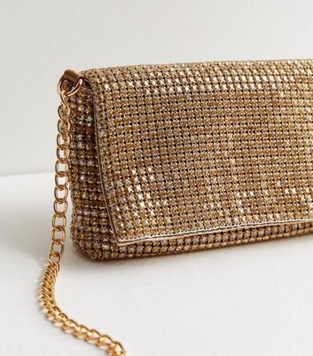 Gold Diamante Slouch Clutch Bag New Look