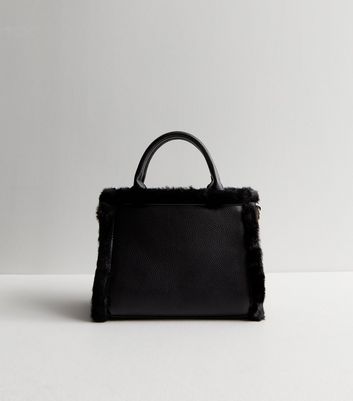 Black Leather-Look Faux Fur Trim Mini Tote Bag New Look Vegan