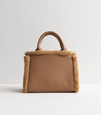 Tan leather tote bag store w/ faux furry trim