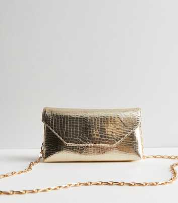 Gold Faux Croc Chain Clutch Bag