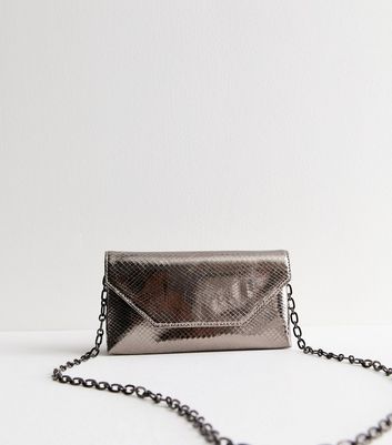 Pewter Metallic Croc Effect Chain Clutch Bag New Look