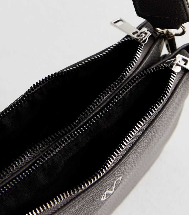 Genuine Pebbled Leather Zipper Pouch Add-On for Crossbody iPhone Case - Black Silver Zipper