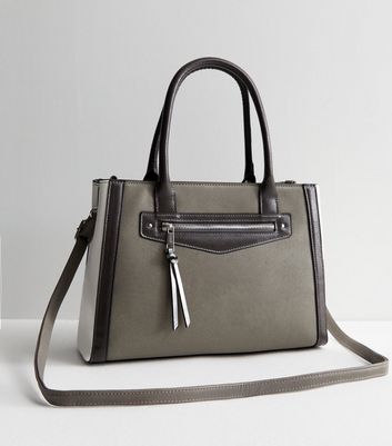 Light Grey Leather Look Colour Block Tote Bag New Look