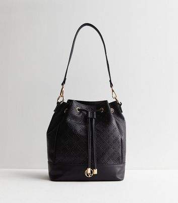 Black Embossed Leather Look Drawstring Bucket Bag New Look