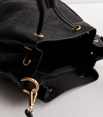 Black Embossed Leather-Look Drawstring Bucket Bag New Look Vegan