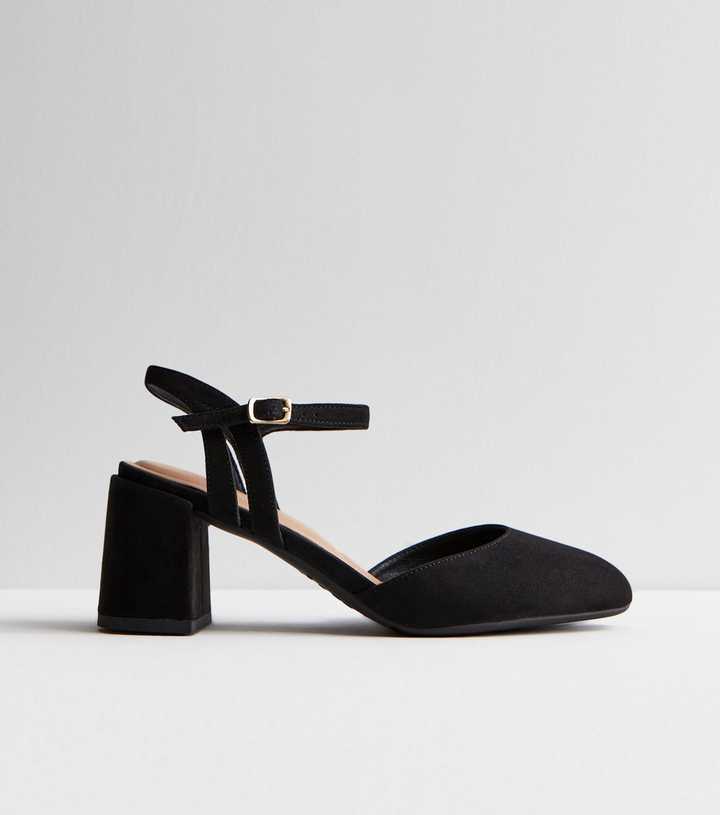 Black Suedette 2 Part Block Heel Court Shoes