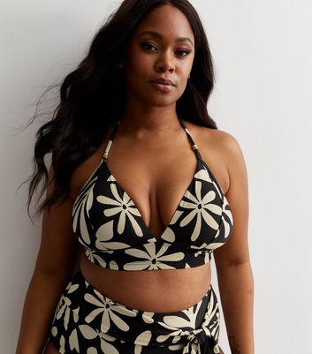 Curves Black Floral Triangle Bikini Top New Look