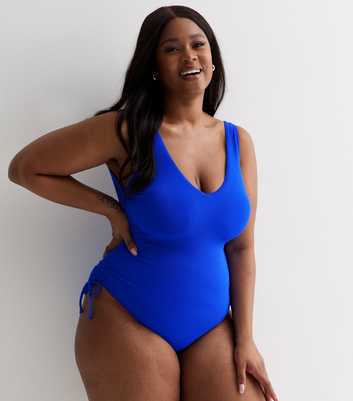 Curves Blue Ruched Side Swimsuit