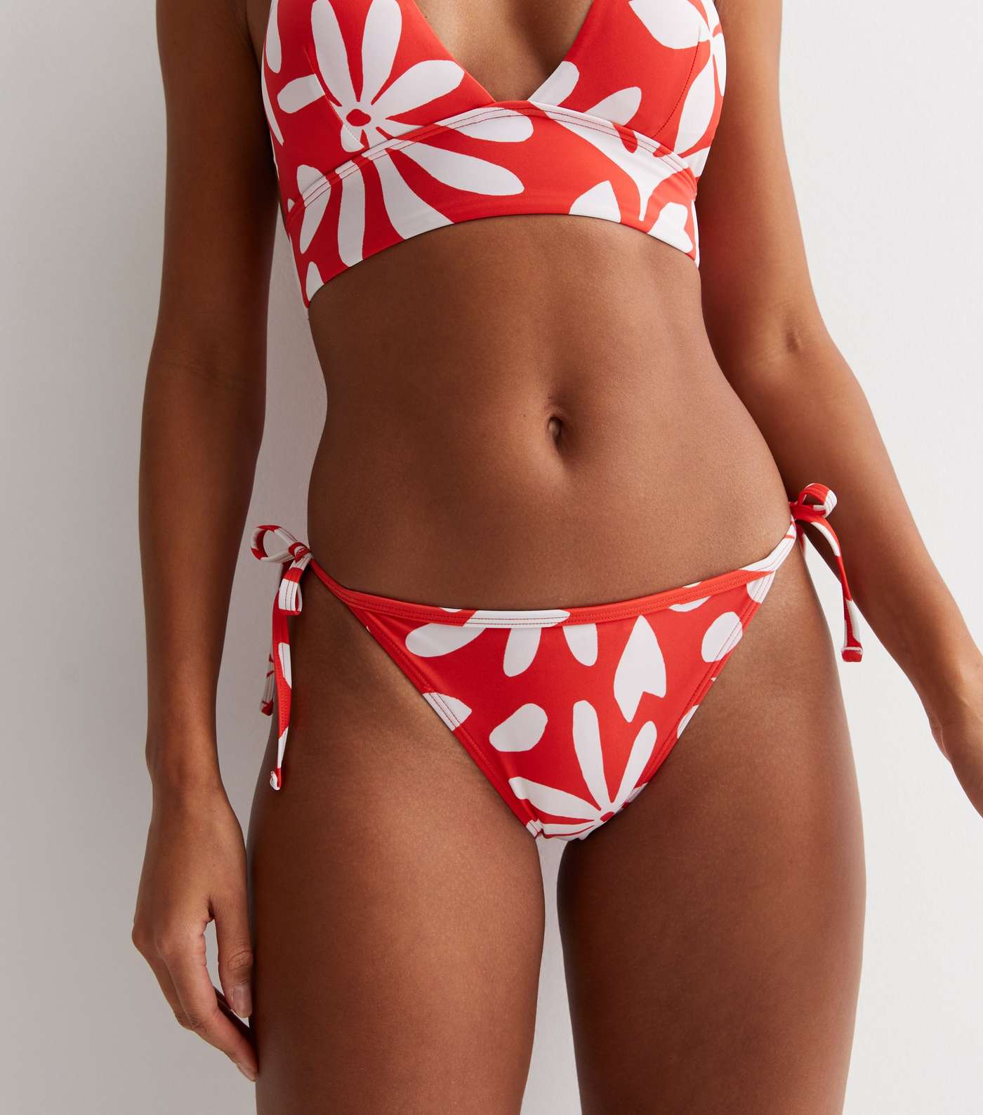 Red Floral Print Tie Side Bikini Bottoms Image 3
