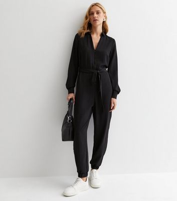 Black Collared Zip Up Jumpsuit New Look