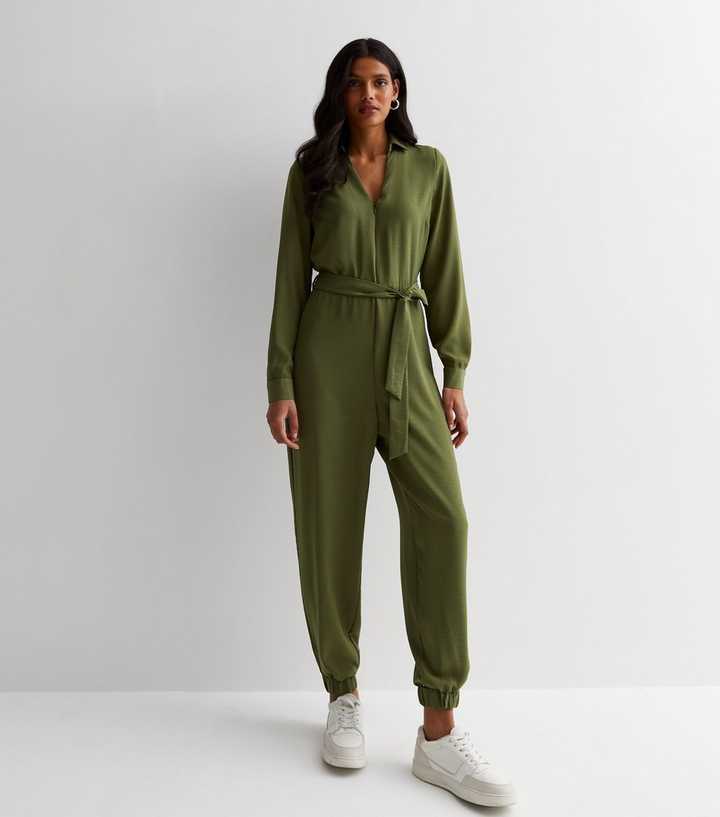 Khaki Collared Zip Up Cuffed Jumpsuit