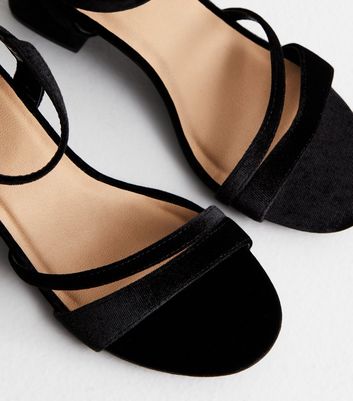 Black Velvet Strappy Low Block Heel Sandals New Look