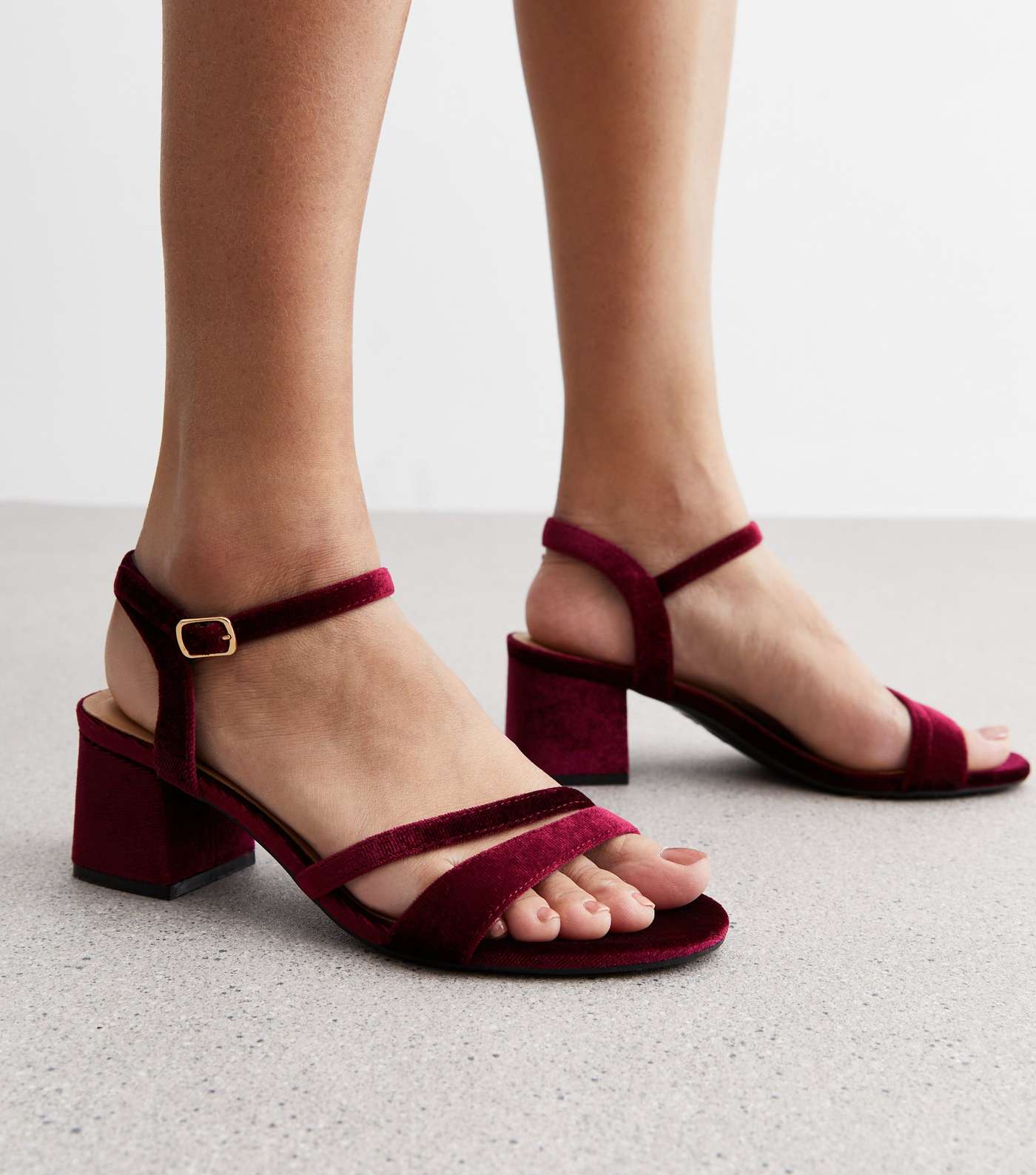 Burgundy Velvet Strappy Low Block Heel Sandals Image 2