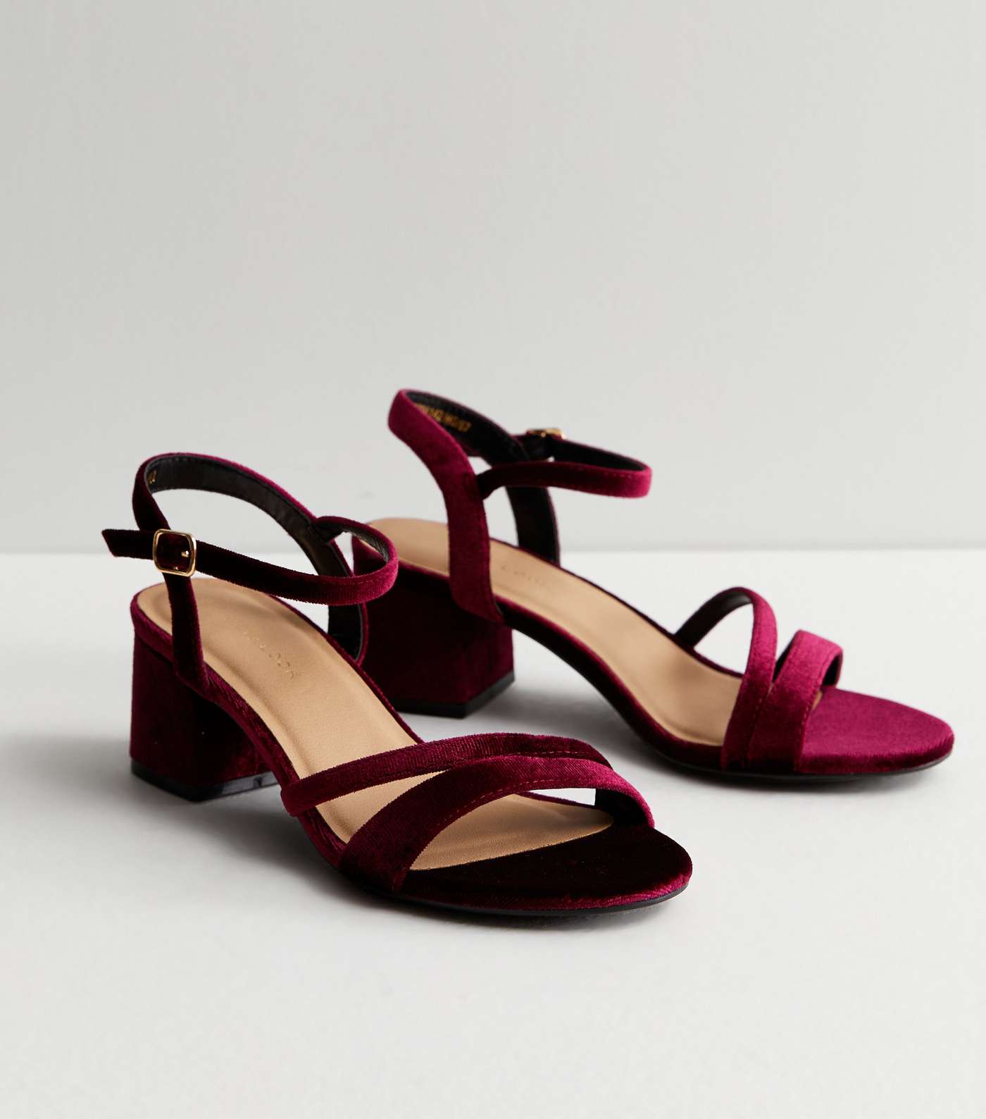 Burgundy Velvet Strappy Low Block Heel Sandals Image 4