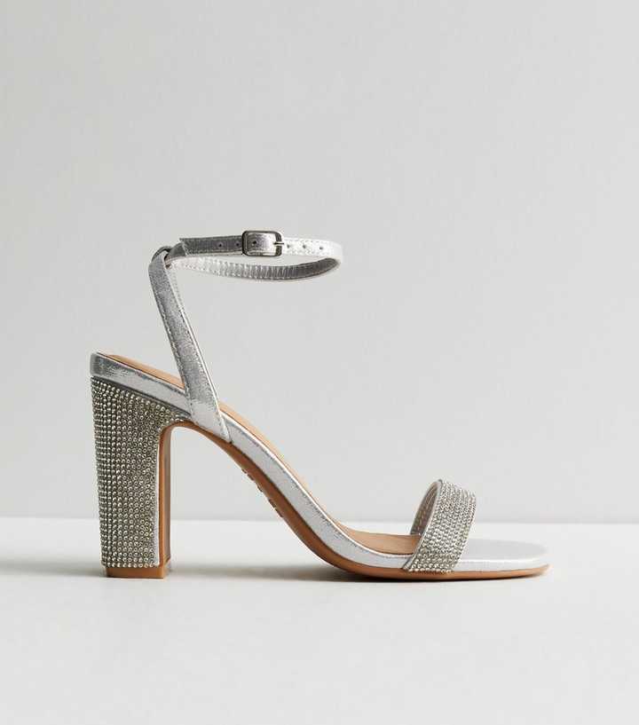 Silver Metallic Embellished Ankle Strap Block Heel Sandals