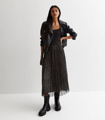 Gini London Black Zebra Print Mesh Pleated Midi Skirt New Look