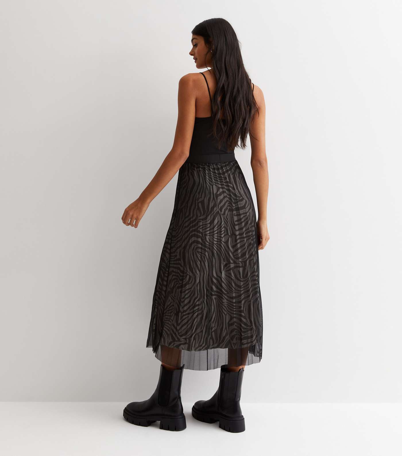 Gini London Black Zebra Print Mesh Pleated Midi Skirt Image 4