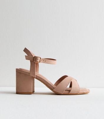 Wide Fit Pale Pink Suedette Part Block Heel Sandals
