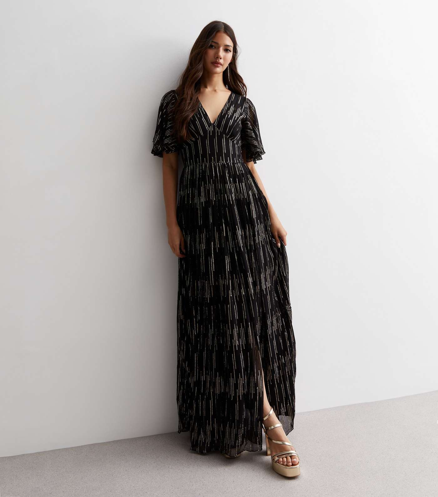 Gini London Black Sequin Stripe Flutter Sleeve Maxi Dress Image 3
