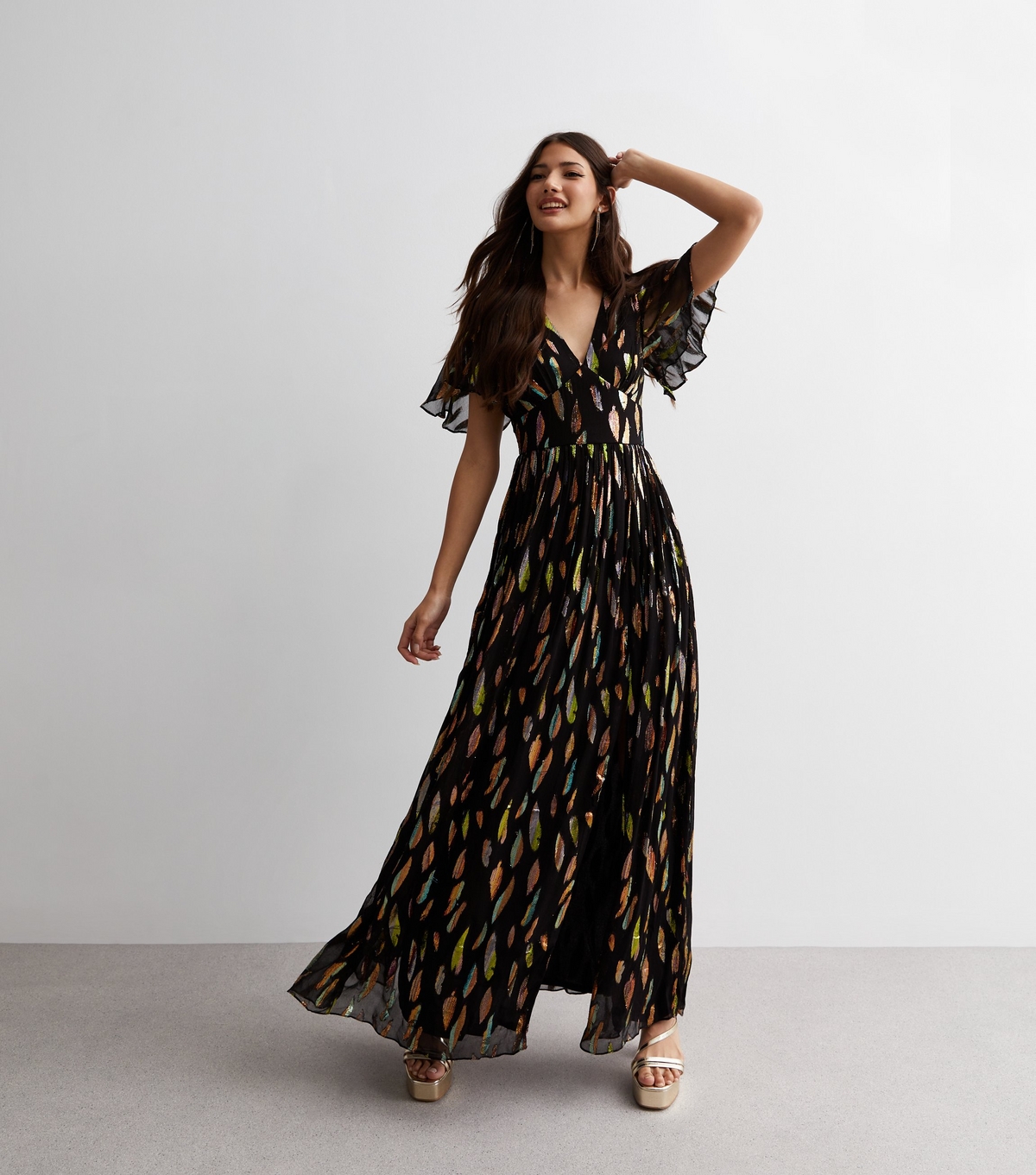 Women's Black Metallic Abstract Print Flutter Sleeve Maxi Dress Gini London New Look