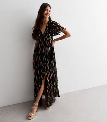 Gini London Black Metallic Abstract Print Flutter Sleeve Maxi Dress