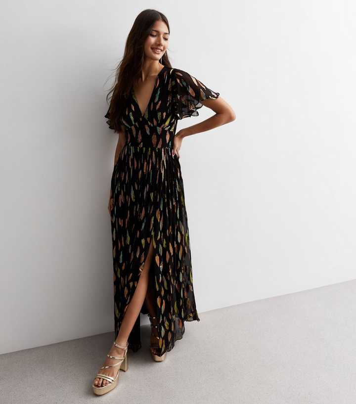 Gini London Black Metallic Abstract Print Flutter Sleeve Maxi Dress | New  Look
