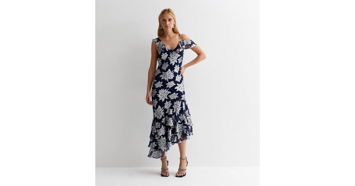 Gini London Navy Floral Ruffle Midi Dress | New Look