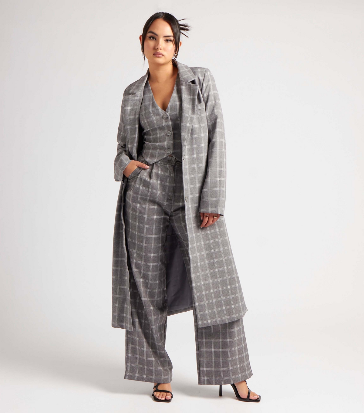 Women's Grey Check Longline Duster Coat Urban Bliss New Look