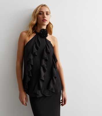 Gini London Black Ruffle Halter Neck Top