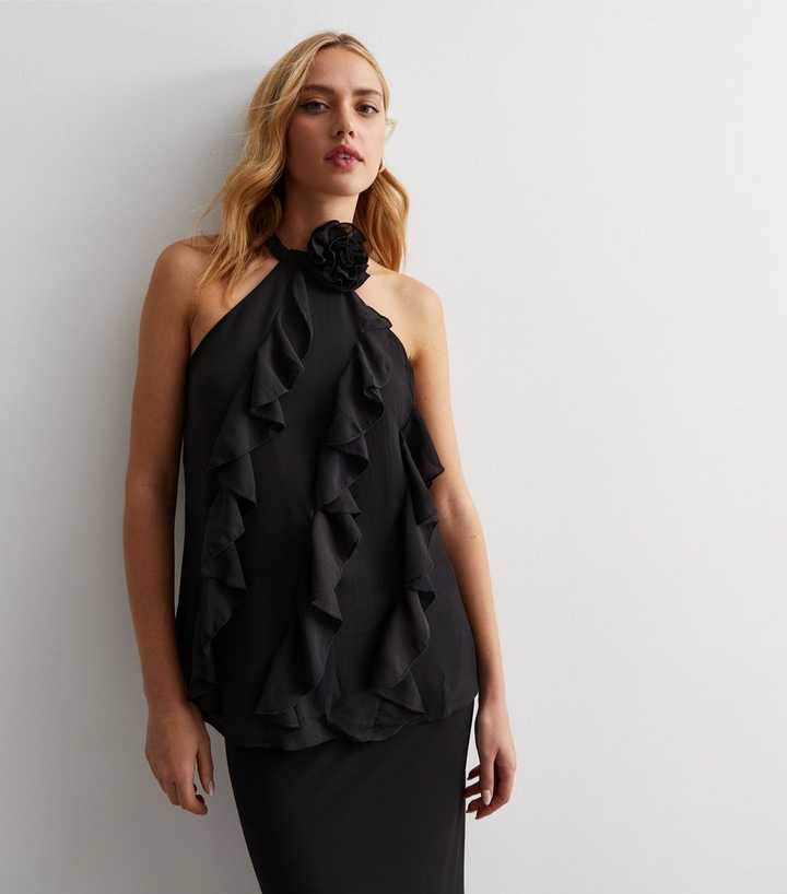 Gini London Black Ruffle Halter Neck Top