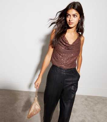 Gini London Brown Sequin Cowl Neck Top