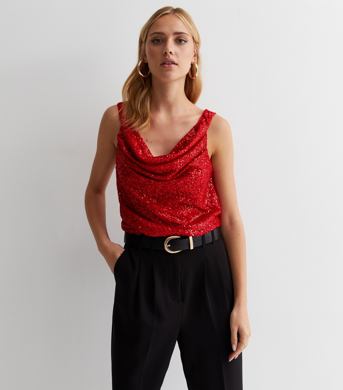 Women's Red Sequin Cowl Neck Top Gini London New Look
