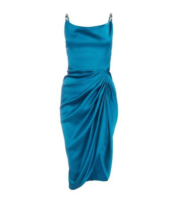 QUIZ Petite Teal Satin Ruched Strappy Midi Dress New Look