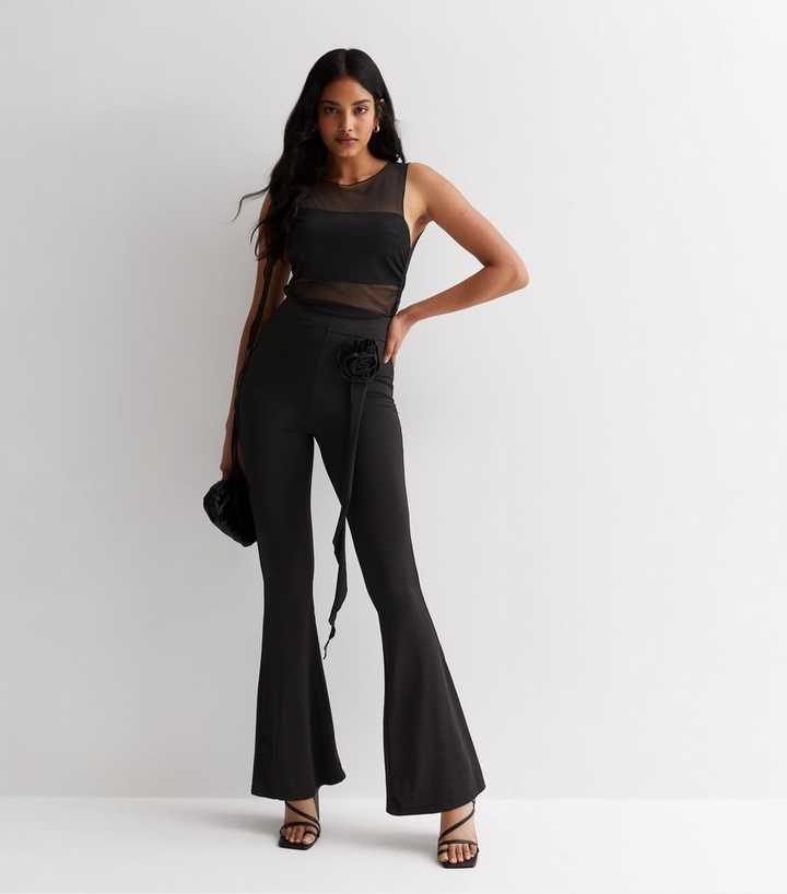 Cameo Rose Black Flower Corsage Flared Trousers