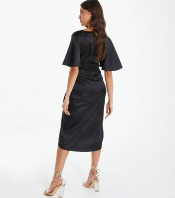 QUIZ Black Satin Ruched Wrap Midi Dress | New Look