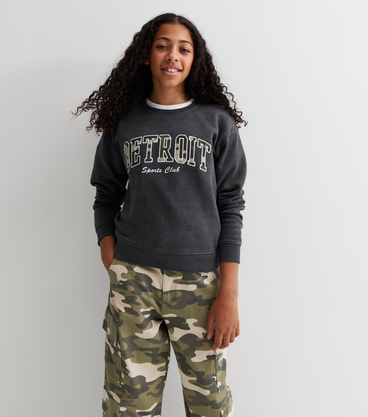 Girls' Grey Camouflage Detroit Embroidered Logo Sweatshirt New Look