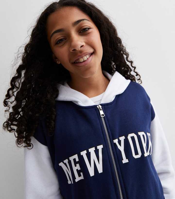 Girls Navy New York Long Logo Hoodie