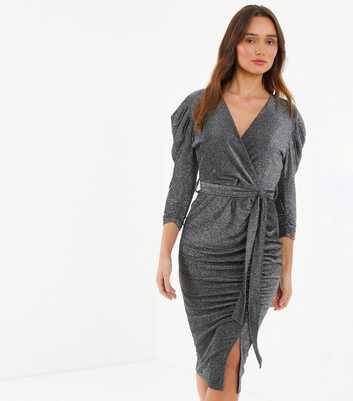 QUIZ Dark Grey Glitter Ruched Midi Dress