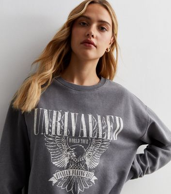 Dark Grey Acid Wash Unrivalled Logo Sweatshirt New Look